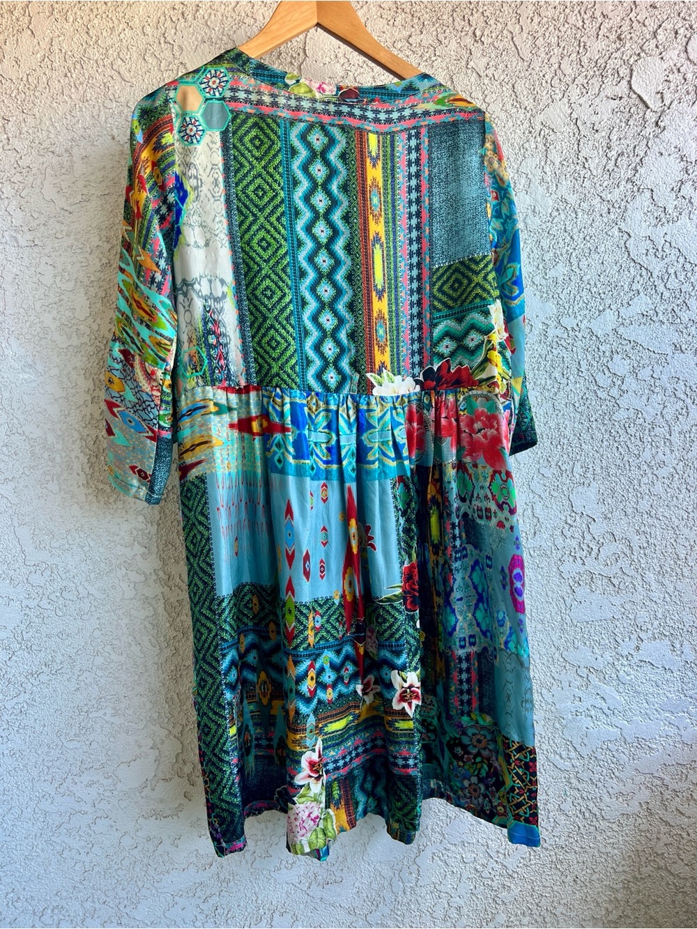 Johnny Was Nelsona Silk Teal, Green & Blue Patchwork Floral Midi Dress - Picture 7 of 11